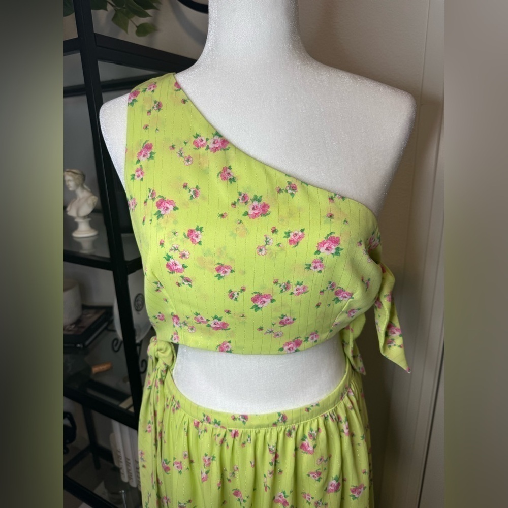 NWT WAYF DARLIN CUT-OUT FLORAL ONE SHOULDER MAXI DRESS LEMON DITSY PINK SIZE M - Picture 4 of 9